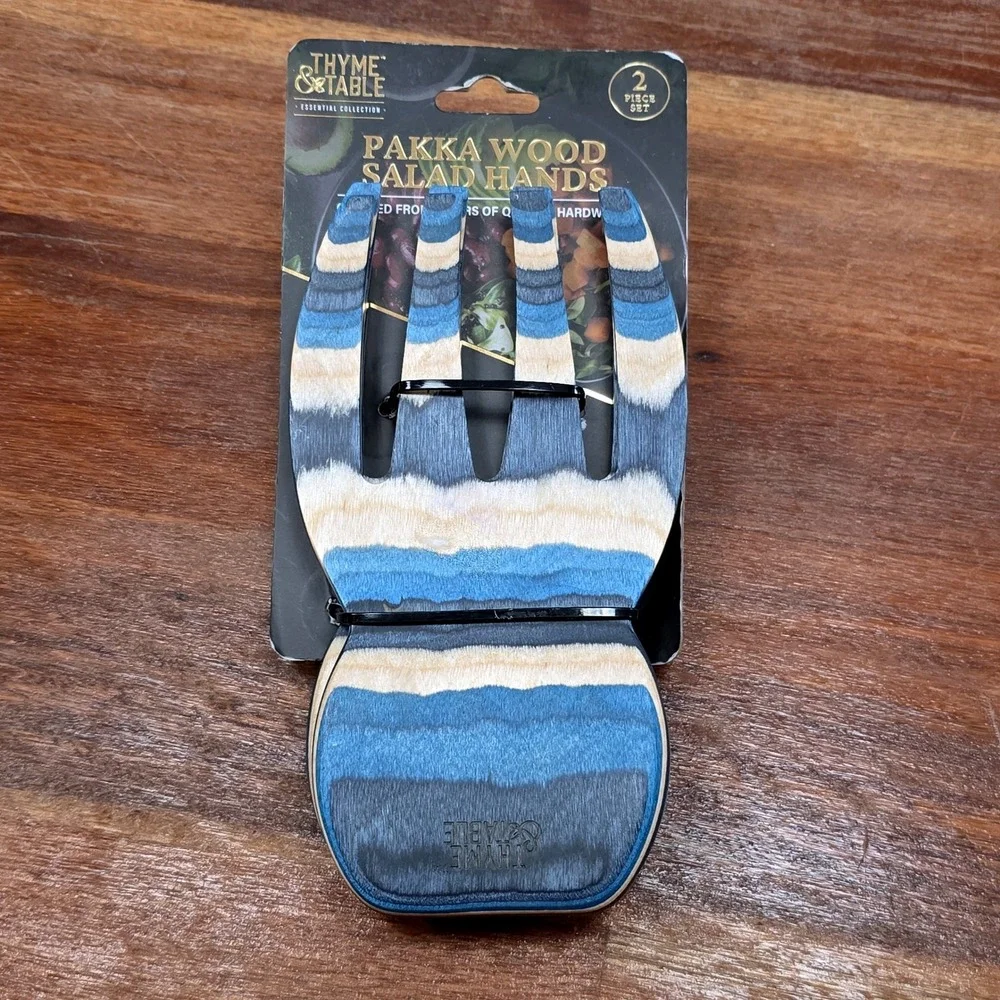 Pakka Wood Salad Hands 2pc Set Blue Striped Servers Thyme & Table NWT New